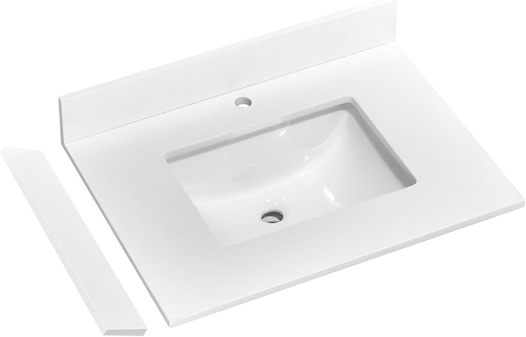 24' x 22' Vanity Top, Quartz Vanity Sink Top in Pure White, with One Sidesplash & One Backsplash, with Undermounted Rectangular Sink,Single Faucet Hole for Vanity Top with Sink