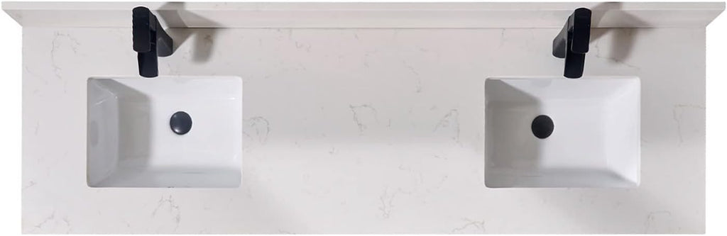Pemberly Row Modern 73' Composite Stone Double Vanity Top, White Finish, Fits 72' W x 21' D Vanity Cabinet, Includes 2 Undermount Ceramic Basins, Pre-Drilled Faucet Holes, Matching 4' Backsplash