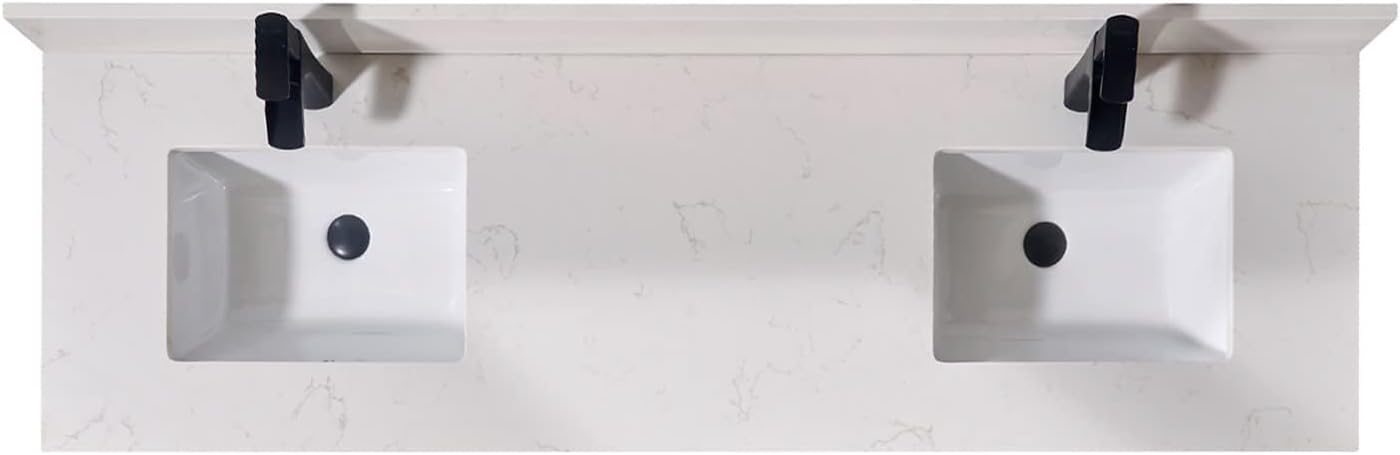 Pemberly Row Modern 73' Composite Stone Double Vanity Top, White Finish, Fits 72' W x 21' D Vanity Cabinet, Includes 2 Undermount Ceramic Basins, Pre-Drilled Faucet Holes, Matching 4' Backsplash