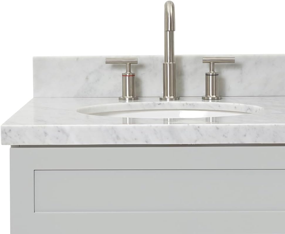 DKB Bradford 36-Inch Grey Bathroom Vanity with 1.5-Inch Edge Italian Carrara Marble Countertop & Backsplash, Left Oval Sink, 2 Soft-Closing Doors, 2 Dovetail Drawers, Brushed Nickel Hardware
