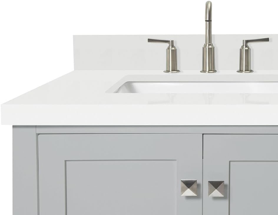 DKB Beckford 42-Inch Grey Bathroom Vanity with Sink, 1.5-Inch Pure White Quartz Countertop & Backsplash, Left Rectangular Undermount Sink, 2 Soft Closing Doors, 5 Dovetail Drawers, Brushed Nickel