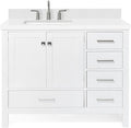 DKB Beckford 42-Inch White Bathroom Vanity with 1.5-Inch Edge Pure White Quartz Countertop & Backsplash, Left Offset Rectangular Sink, 2 Soft Close Doors, 5 Dovetail Drawers, Brushed Nickel