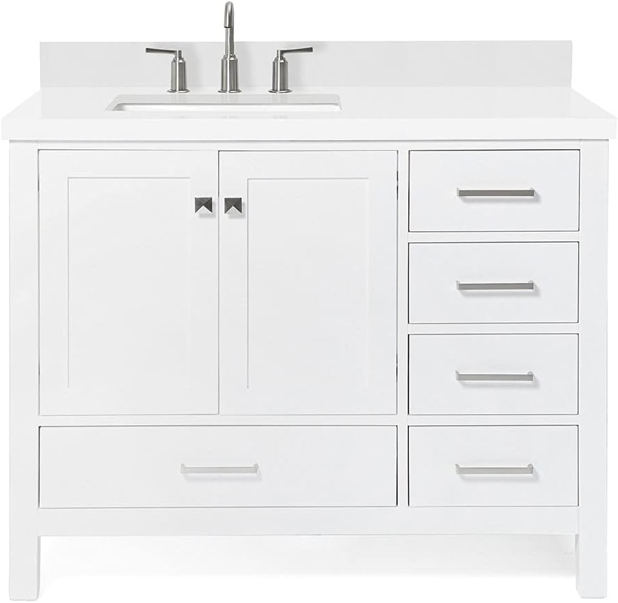 DKB Beckford 42-Inch White Bathroom Vanity with 1.5-Inch Edge Pure White Quartz Countertop & Backsplash, Left Offset Rectangular Sink, 2 Soft Close Doors, 5 Dovetail Drawers, Brushed Nickel