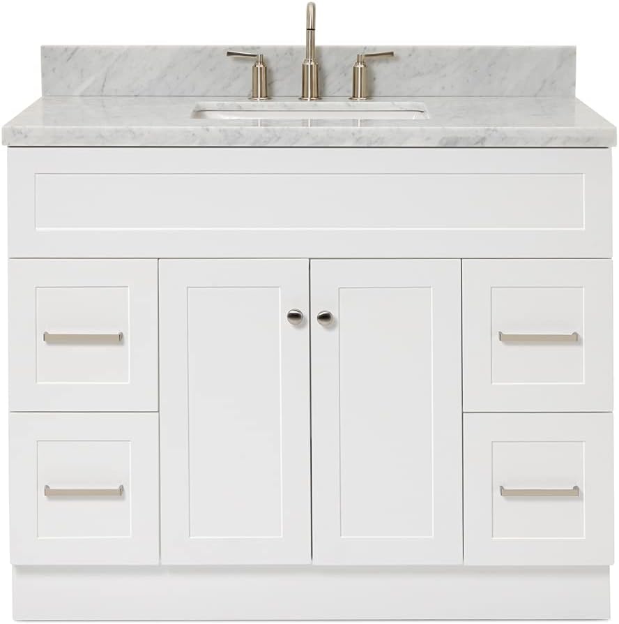 ARIEL 48-Inch Midnight Blue Bathroom Vanity with Sink, 1.5' Pure White Quartz Countertop & Backsplash, Rectangular Sink, 2 Soft Closing Doors, 4 Dovetail Drawers, Toe Kick, Satin Brass