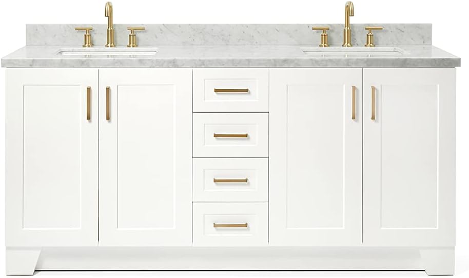ARIEL Taylor 72-inch Bathroom Vanity with Sink,Solid Wood, 1.5-inch Italian Carrara Marble Countertop, Double Rectangular Porcelain Sink, 4 Soft Closing Doors, 6 Dovetail Drawers, White