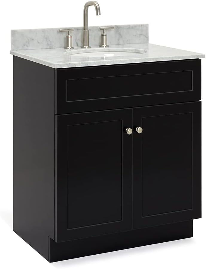 ARIEL Hamlet 30-inch Bathroom Vanity with Sink,Solid Wood, 0.75-inch Italian Carrara Marble Countertop, Single Oval Porcelain Sink, Soft Closing Doors, Black
