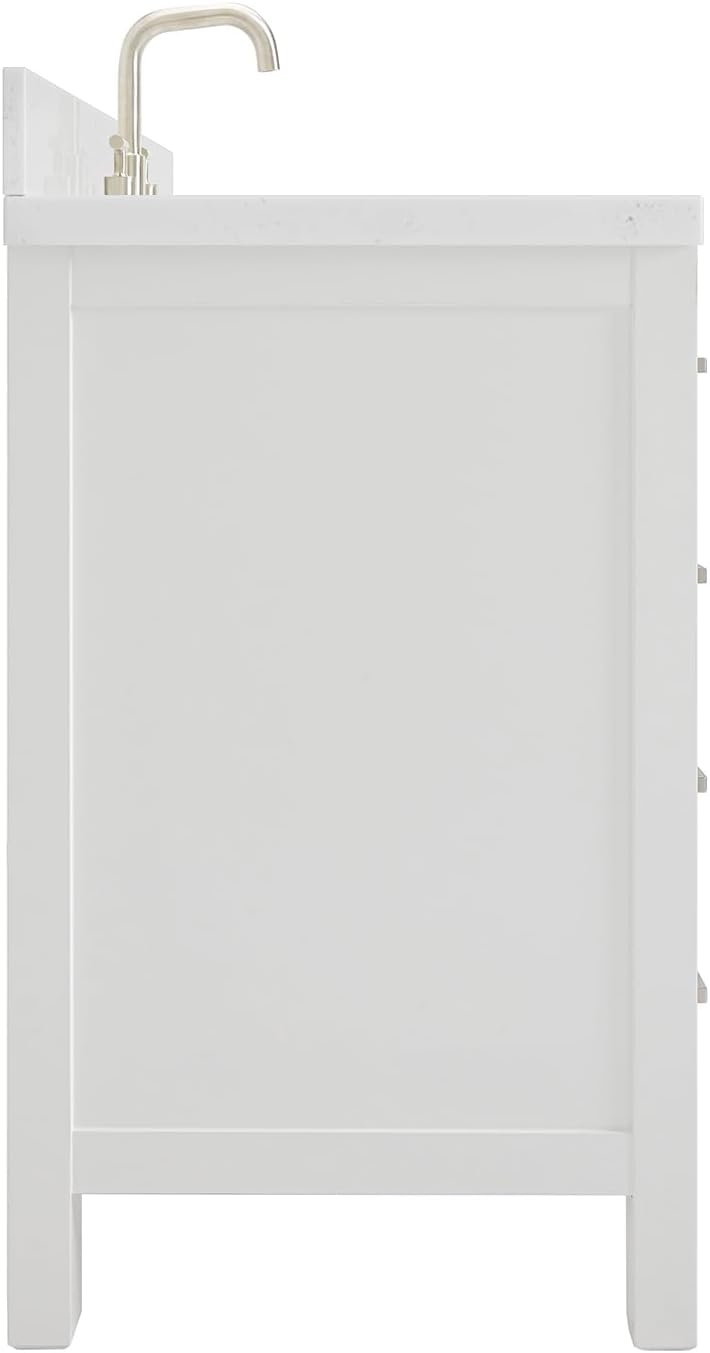 ARIEL Cambridge 66-inch Bathroom Vanity with Sink,Solid Wood, 1.5-inch Carrara White Quartz Countertop & Backsplash, Single Oval Porcelain Sink, 2 Soft Closing Doors, 9 Dovetail Drawers, White