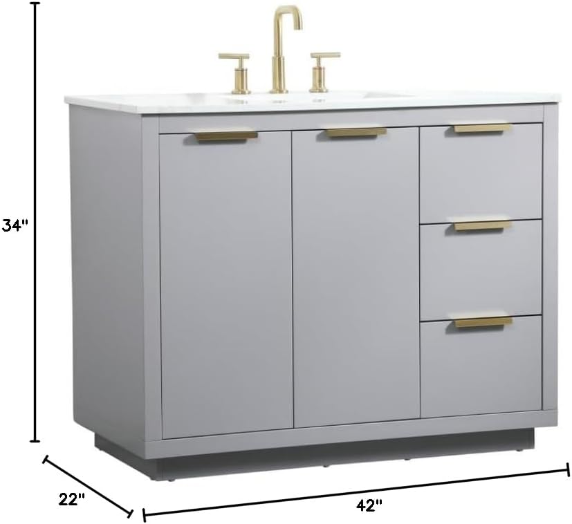 42 Single Bathroom Vanity, with Engineered Marble Top Soft-Close, Grey