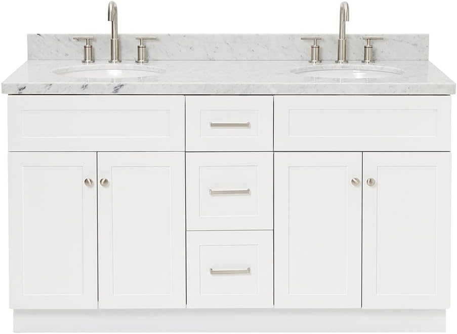ARIEL Hamlet 60-inch Bathroom Vanity with Sink,Solid Wood, 1.5-inch Italian Carrara Marble Countertop & Backsplash, Double Oval Porcelain Sink, 4 Soft Closing Doors, 3 Dovetail Drawers, White