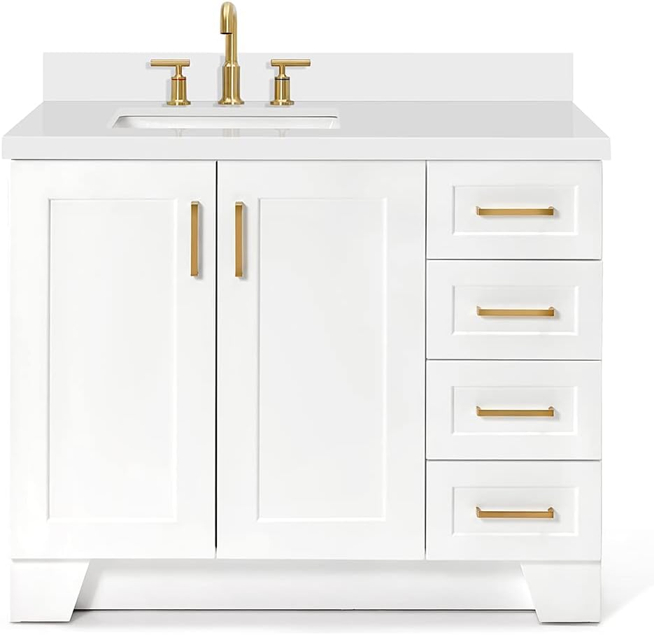 ARIEL Taylor 42-inch Bathroom Vanity with Sink,Solid Wood, 1.5-inch Pure White Quartz Countertop, Single Rectangular Porcelain Sink, Soft Closing Doors, Dovetail Drawers, White