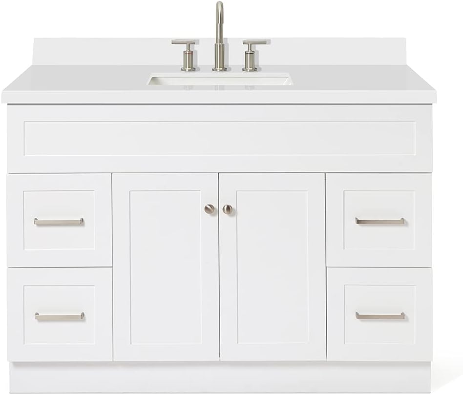 ARIEL Hamlet 48-inch Bathroom Vanity with Sink,Solid Wood, 1.5-inch Pure White Quartz Countertop & Backsplash, Single Rectangular Porcelain Sink, 2 Soft Closing Doors, 4 Dovetail Drawers, White