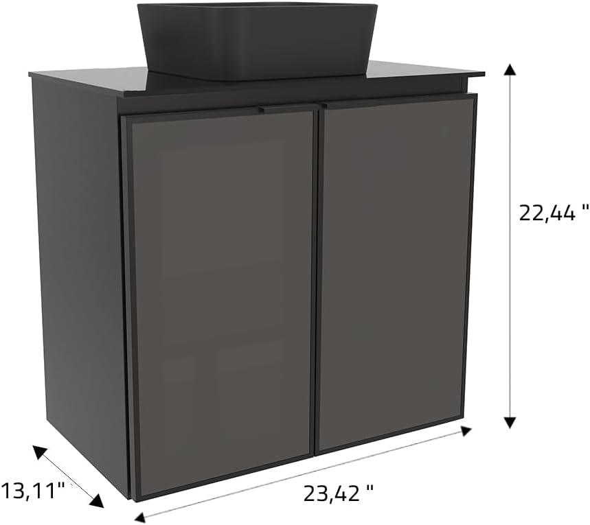 COZIMAX Umbu Combo Black Steel Bathroom Vanity Set 24' with Tempered Glass Countertop and Door, Black Square Ceramic Sink