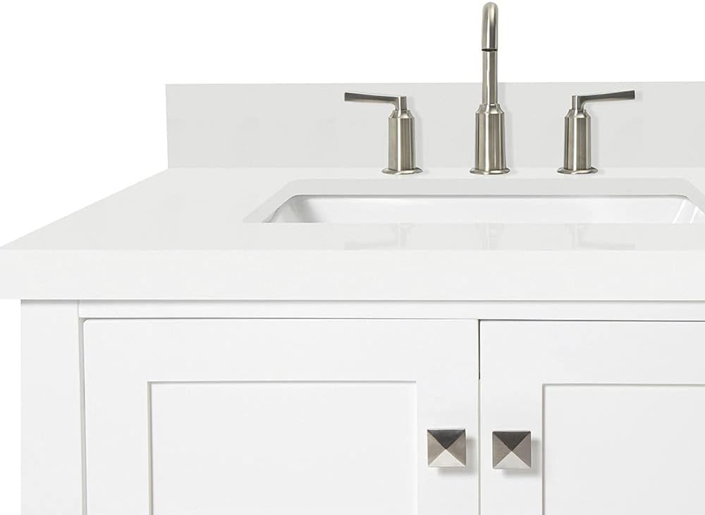DKB Beckford 42-Inch White Bathroom Vanity with 1.5-Inch Edge Pure White Quartz Countertop & Backsplash, Left Offset Rectangular Sink, 2 Soft Close Doors, 5 Dovetail Drawers, Brushed Nickel