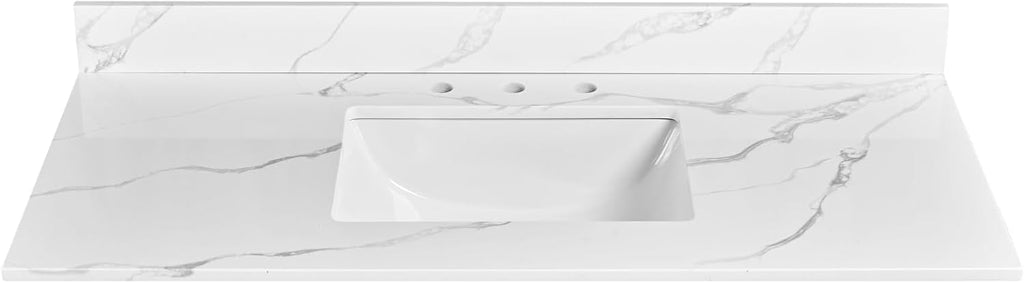 48 in. W x 22 in D Quartz Vanity Top in Calacatta Rocky, Vanity Sink Top with Assembled Single Drop-in Sink, Pre-Drilled Widespread Faucet Holes Countertop with 4' H Backsplash
