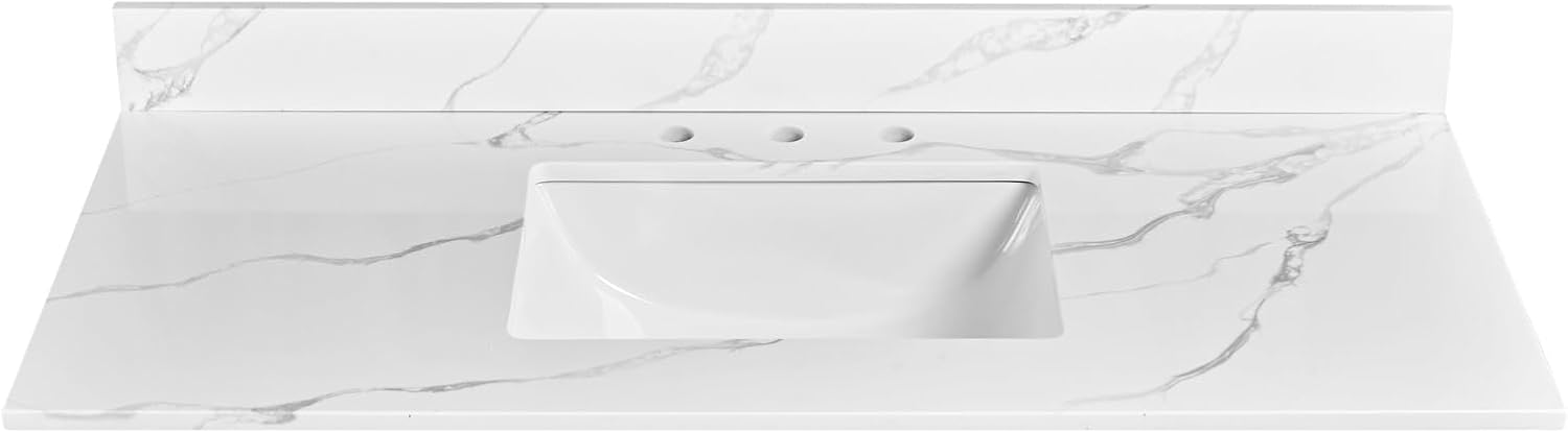 48 in. W x 22 in D Quartz Vanity Top in Calacatta Rocky, Vanity Sink Top with Assembled Single Drop-in Sink, Pre-Drilled Widespread Faucet Holes Countertop with 4' H Backsplash