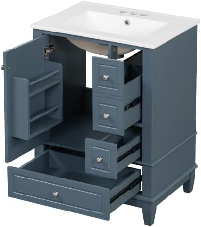 Bellemave Bathroom Vanity with Ceramic Sink & 3 Drawers, 24' Bathroom Cabinet with Storage Shelves & Solid Wood Base, Freestanding Vanity Cabinet with Organizer (Blue Gray/24)