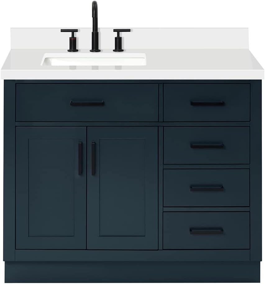 ARIEL Hepburn 43' Inch Left Offset Rectangle Sink Vanity with 1.5' Edge Pure White Quartz Countertop in Midnight Blue