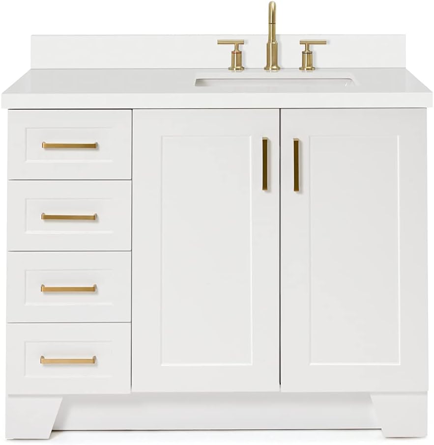 ARIEL Taylor 42-inch Bathroom Vanity with Sink,Solid Wood, 1.5-inch Pure White Quartz Countertop, Single Rectangular Porcelain Sink, Soft Closing Doors, Dovetail Drawers, White