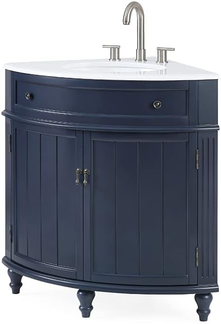 24 inch Triadsville Small Corner Bathroom Vanity with Sink and White Quartz top (Navy Blue)