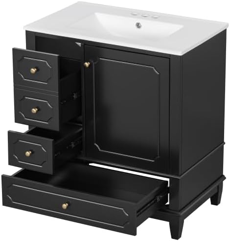 Bellemave 30' Bathroom Vanity with Ceramic Sink & 3 Drawers, Bathroom Cabinet with Storage Shelves & Solid Wood Base, Freestanding Vanity Cabinet with Soft-Close Door with Organizer (Black/30)