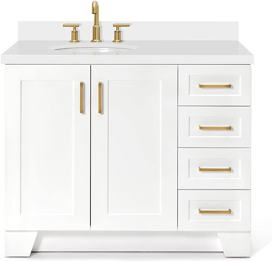 ARIEL Taylor 42-inch Bathroom Vanity with Sink,Solid Wood, 1.5-inch Pure White Quartz Countertop & Backsplash, Single Oval Porcelain Sink, 2 Soft Closing Doors, 5 Dovetail Drawers, White