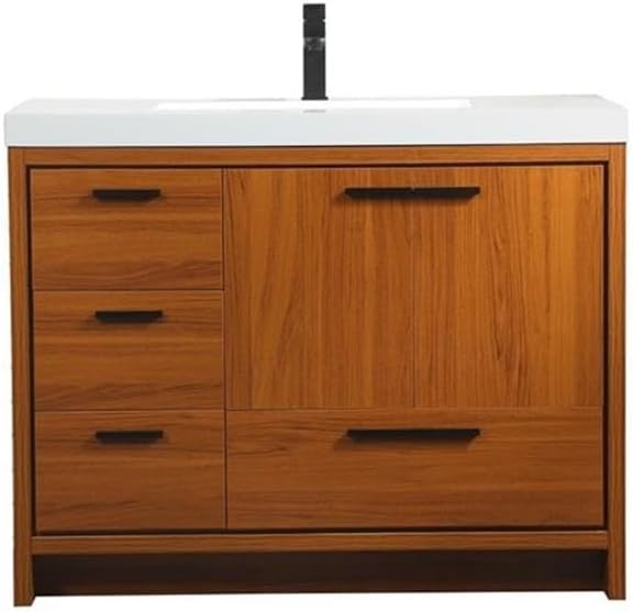 Pemberly Row 42' Aluminum Alloy and MDF Bathroom Vanity, Teak Finish, White Resin Countertop with Integrated Sink, Soft-Close Doors and Drawer, Modern Space-Saving Design for Bathrooms or Powder Rooms