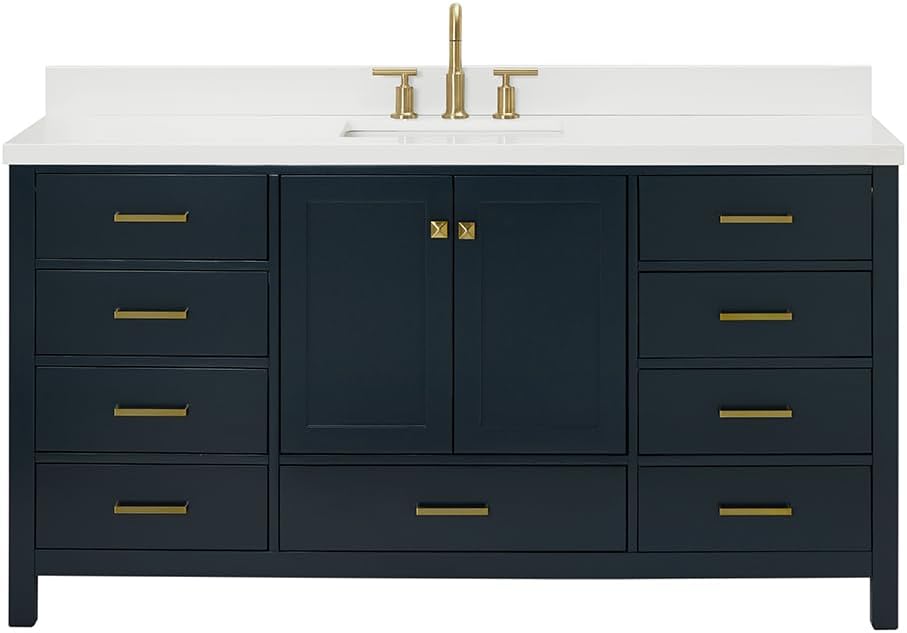 ARIEL Cambridge 66-inch Bathroom Vanity with Sink,Solid Wood, 1.5-inch Pure White Quartz Countertop, Single Rectangular Porcelain Sink, 2 Soft Closing Doors, 9 Dovetail Drawers, Midnight Blue