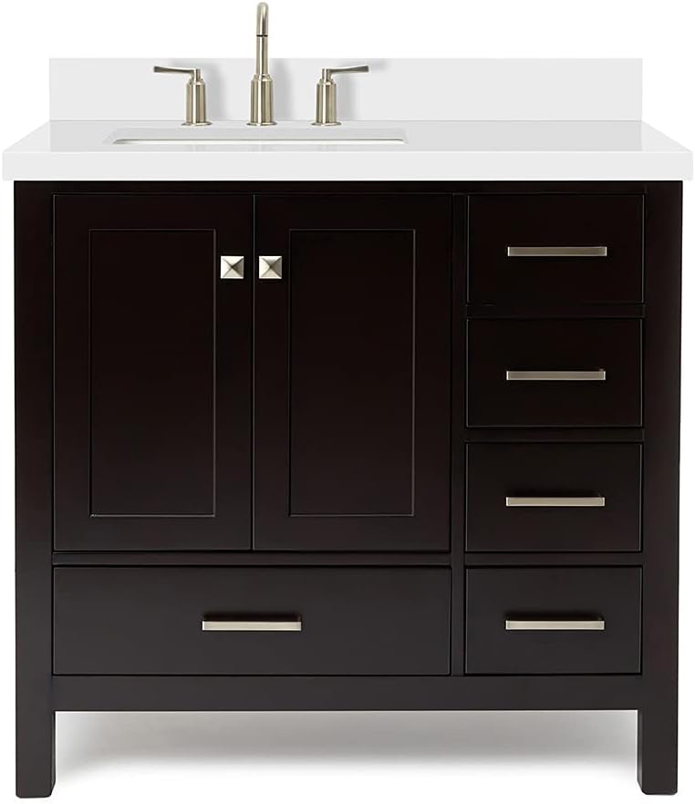 ARIEL Cambridge 36-inch Bathroom Vanity with Sink,Solid Wood, 1.5-inch Pure White Quartz Countertop, Single Rectangular Porcelain Sink, 2 Soft Closing Doors, 5 Dovetail Drawers, Espresso