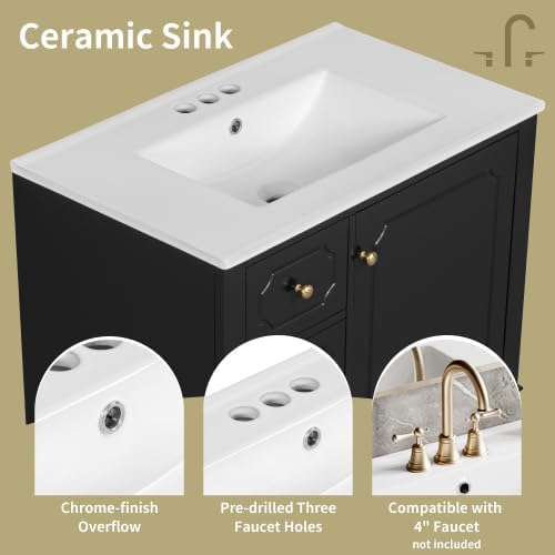 Bellemave 30' Bathroom Vanity with Ceramic Sink & 3 Drawers, Bathroom Cabinet with Storage Shelves & Solid Wood Base, Freestanding Vanity Cabinet with Soft-Close Door with Organizer (Black/30)