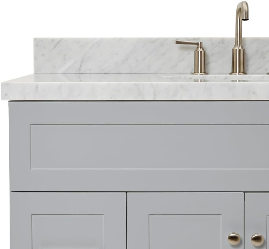 ARIEL Hamlet 42-inch Bathroom Vanity with Sink,Solid Wood, 1.5-inch Italian Carrara Marble Countertop & Backsplash, Single Oval Porcelain Sink, 2 Soft Closing Doors, 4 Dovetail Drawers, Grey