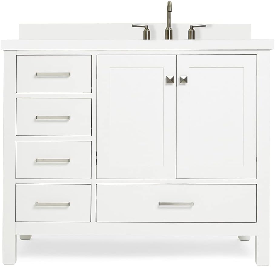 ARIEL Cambridge 42-inch Bathroom Vanity with Sink,Solid Wood, 1.5-inch Pure White Quartz Countertop & Backsplash, Single Rectangular Porcelain Sink, 2 Soft Closing Doors, 5 Dovetail Drawers, White