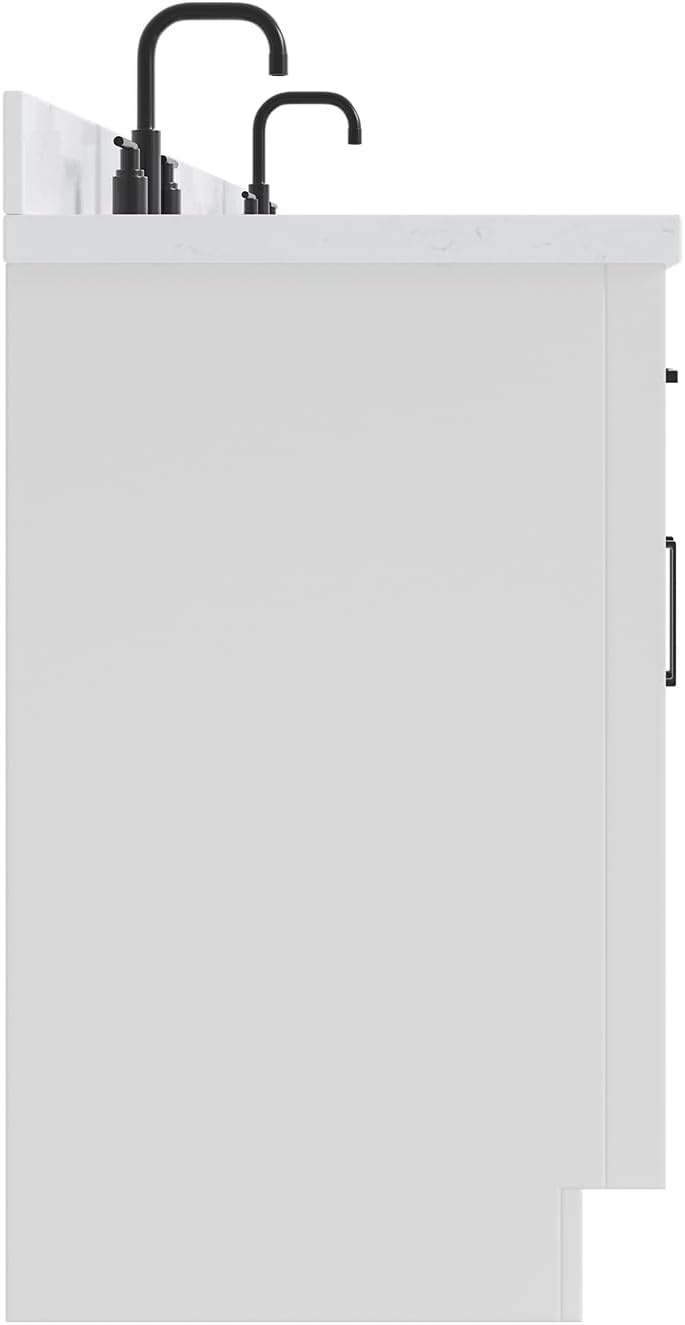 ARIEL Hepburn 60-inch Bathroom Vanity with Sink,Solid Wood, 1.5-inch Carrara White Quartz Countertop & Backsplash, Double Oval Porcelain Sink, 4 Soft Closing Doors, 6 Dovetail Drawers, White