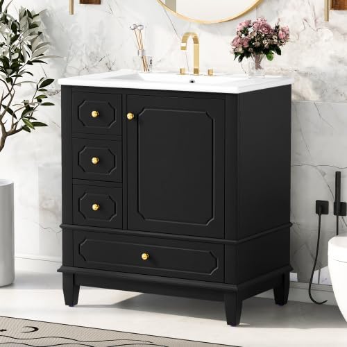 Bellemave 30' Bathroom Vanity with Ceramic Sink & 3 Drawers, Bathroom Cabinet with Storage Shelves & Solid Wood Base, Freestanding Vanity Cabinet with Soft-Close Door with Organizer (Black/30)
