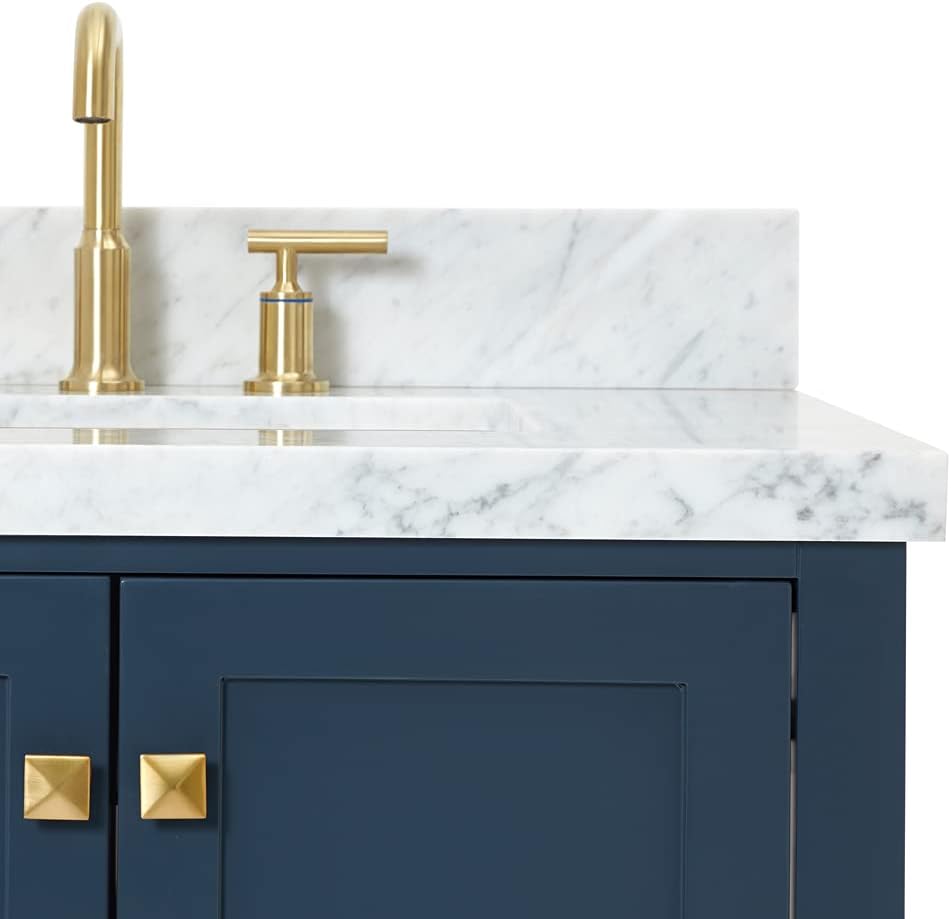 DKB Beckford 42-Inch Midnight Blue Bathroom Vanity with Sink, 1.5-Inch Italian Carrara Marble Countertop & Backsplash, Rectangular Sink, 2 Soft Closing Doors, 5 Dovetail Drawers, Satin Brass Hardware