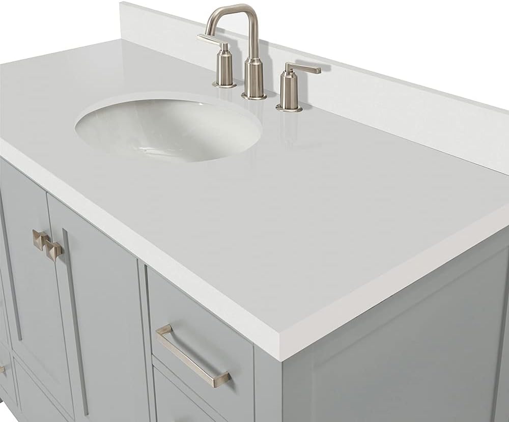 ARIEL Cambridge 48-inch Bathroom Vanity with Sink,Solid Wood, 1.5-inch Pure White Quartz Countertop & Backsplash, Single Oval Porcelain Sink, 2 Soft Closing Doors, 9 Dovetail Drawers, Grey
