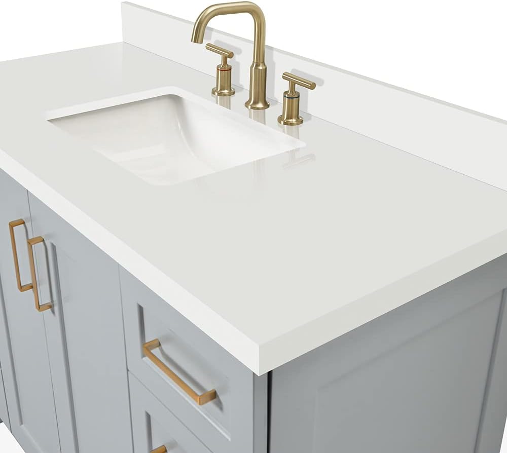 ARIEL Taylor 48-inch Bathroom Vanity with Sink,Solid Wood, 1.5-inch Pure White Quartz Countertop, Single Rectangular Porcelain Sink, 2 Soft Closing Doors, 9 Dovetail Drawers, Satin Brass, Grey