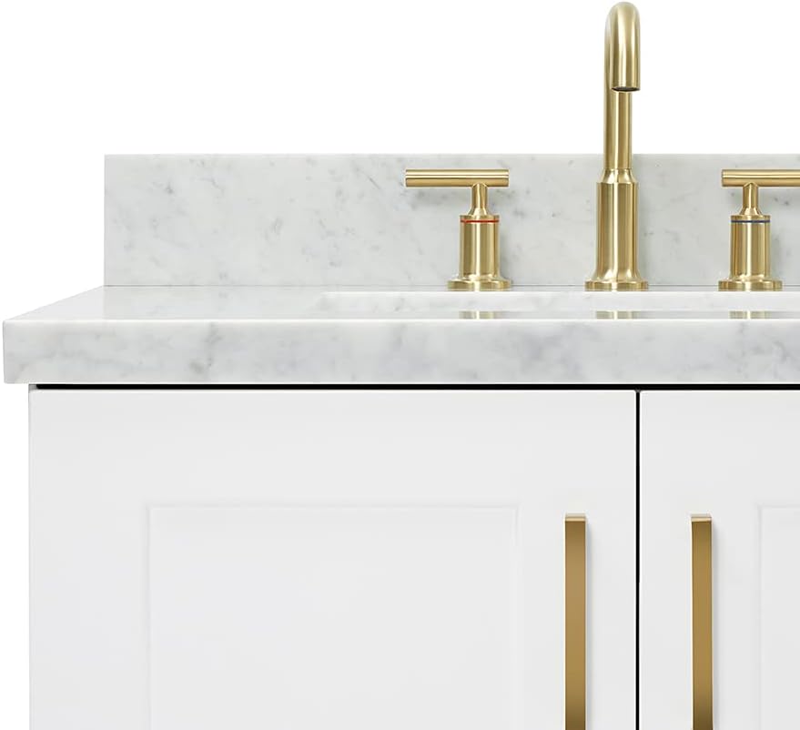 ARIEL Taylor 72-inch Bathroom Vanity with Sink,Solid Wood, 1.5-inch Italian Carrara Marble Countertop, Double Rectangular Porcelain Sink, 4 Soft Closing Doors, 6 Dovetail Drawers, White