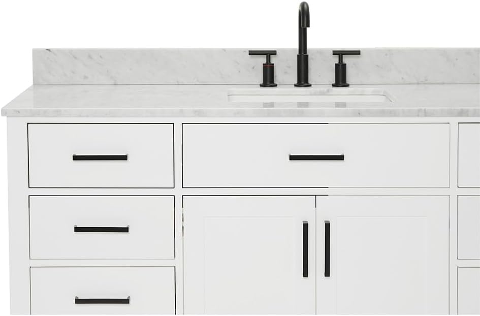 ARIEL Hepburn 60-inch Bathroom Vanity with Sink,Solid Wood, 0.75-inch Italian Carrara Marble Countertop, Single Rectangular Porcelain Sink, 2 Soft Closing Doors, 9 Dovetail Drawers, White