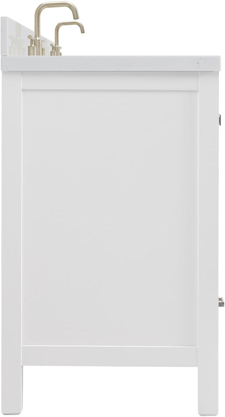 ARIEL Cambridge 66-inch Bathroom Vanity with Sink,Solid Wood, 1.5-inch Carrara White Quartz Countertop & Backsplash, Double Oval Porcelain Sink, 4 Soft Closing Doors, 6 Dovetail Drawers, White