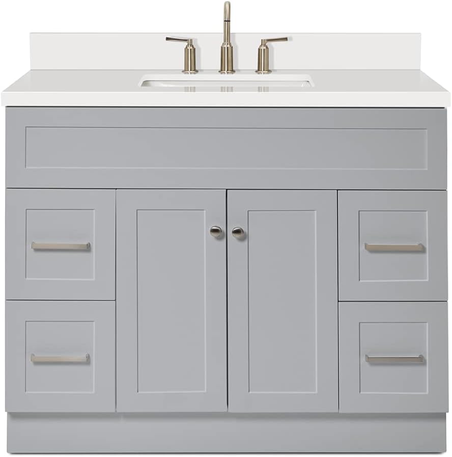 ARIEL Hamlet 42-inch Bathroom Vanity with Sink,Solid Wood, 1.5-inch Pure White Quartz Countertop & Backsplash, Single Rectangular Porcelain Sink, 2 Soft Closing Doors, 4 Dovetail Drawers, Grey