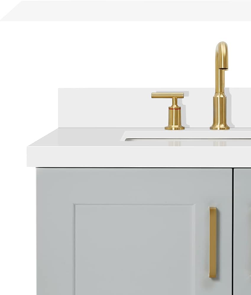 ARIEL Taylor 42-inch Bathroom Vanity with Sink,Solid Wood, 1.5-inch Pure White Quartz Countertop & Backsplash, Single Rectangular Porcelain Sink, 2 Soft Closing Doors, 5 Dovetail Drawers, Grey