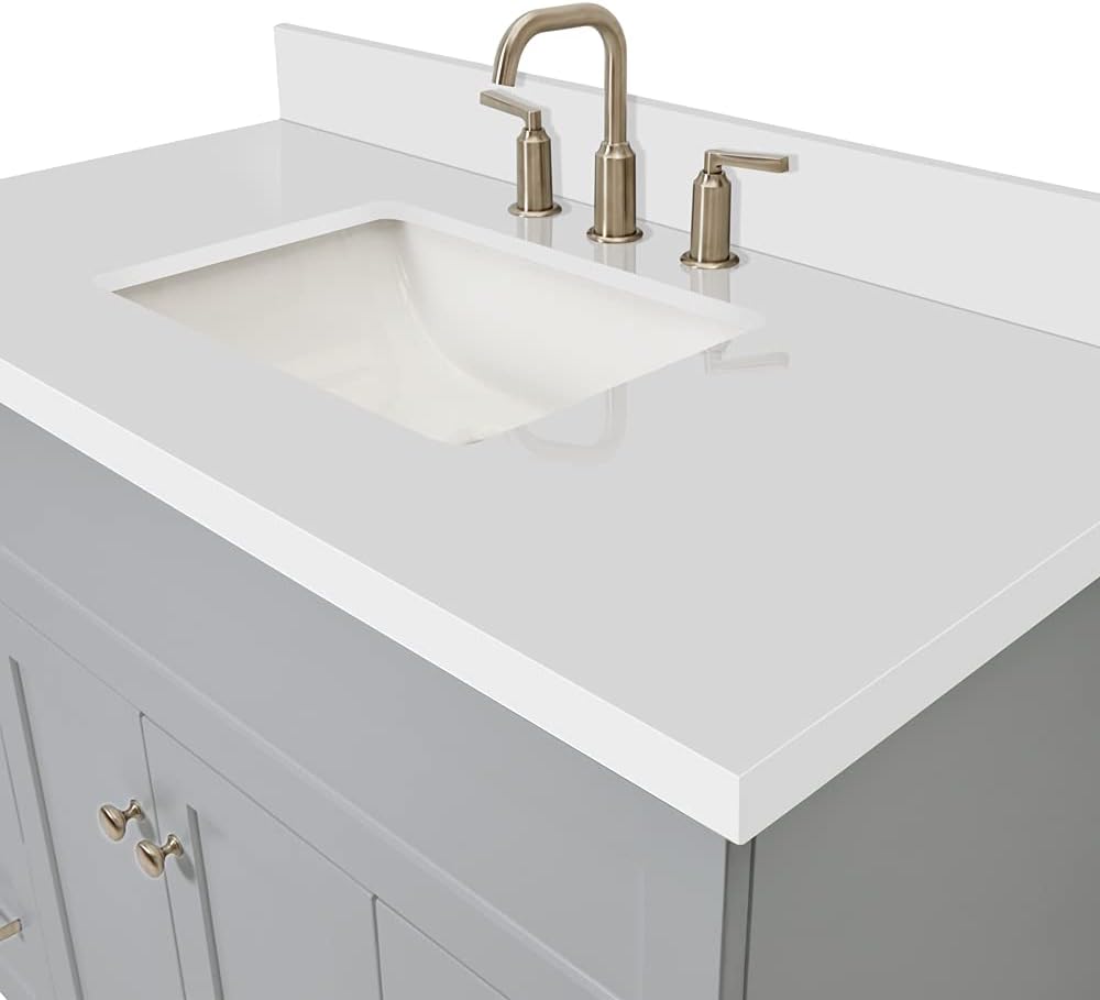 ARIEL Hamlet 42-inch Bathroom Vanity with Sink,Solid Wood, 1.5-inch Pure White Quartz Countertop & Backsplash, Single Rectangular Porcelain Sink, 2 Soft Closing Doors, 4 Dovetail Drawers, Grey