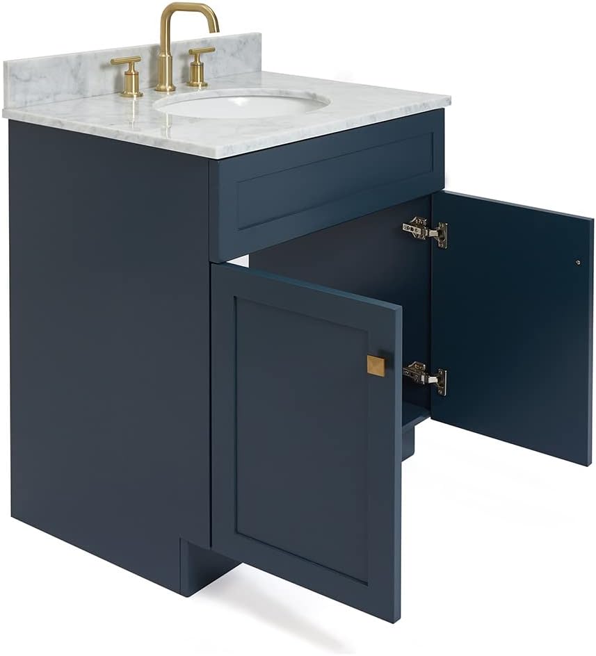 ARIEL Hamlet 30-inch Bathroom Vanity with Sink,Solid Wood, 0.75-inch Italian Carrara Marble Countertop & Backsplash, Single Oval Porcelain Sink, 2 Soft Closing Doors, Midnight Blue