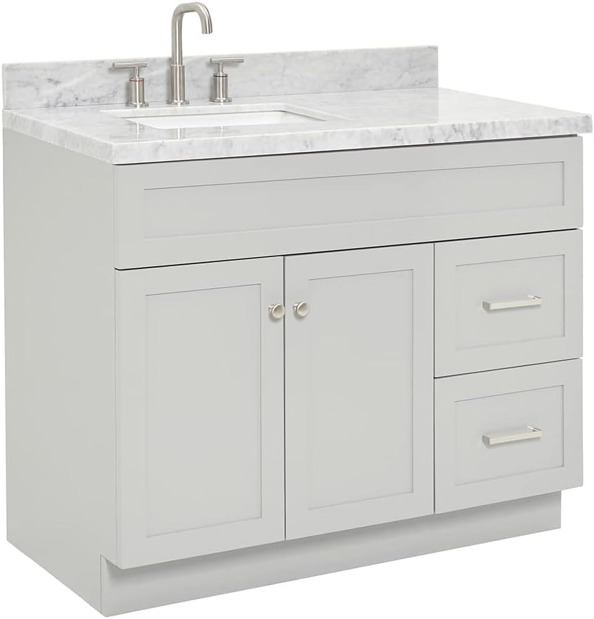 ARIEL 36-Inch Grey Bathroom Vanity with Sink, Solid Wood Base, 1.5-Inch Edge Italian Carrara Marble Top, Left Rectangular Sink, 2 Soft-Close Doors, 5 Drawers