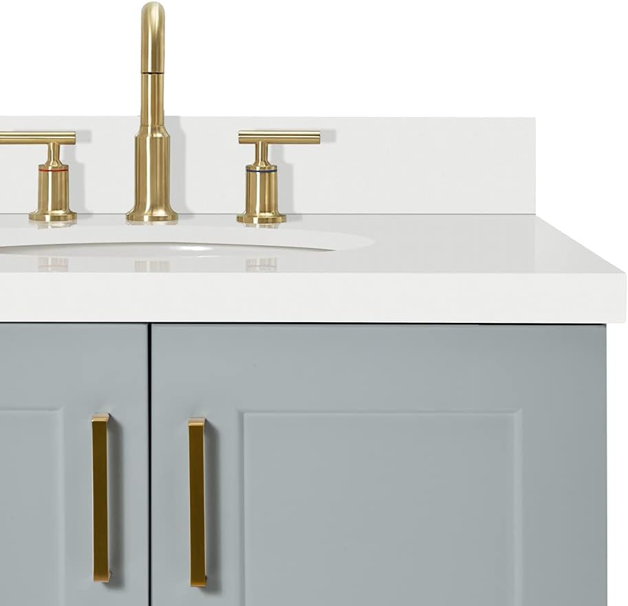 DKB Emilia 42' Grey Single Bathroom Vanity with Sink, 1.5' Pure White Quartz Countertop, Offset Oval Sink, 2 Soft-Closing Doors, 5 Dovetail Drawers