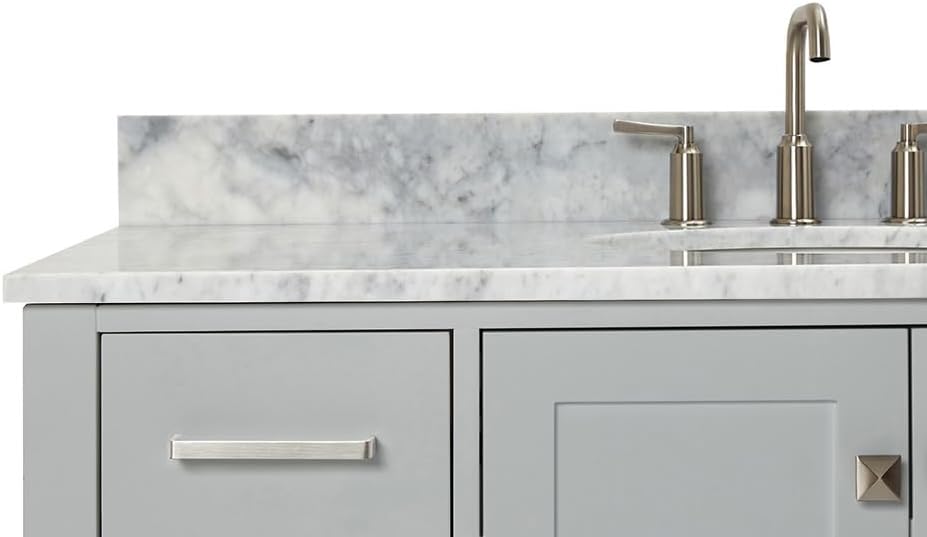 ARIEL Cambridge 48-inch Bathroom Vanity with Sink,Solid Wood, 0.75-inch Italian Carrara Marble Countertop & Backsplash, Single Oval Porcelain Sink, 2 Soft Closing Doors, 9 Dovetail Drawers, Grey