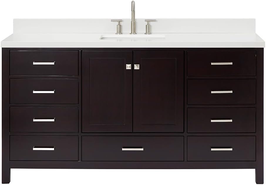 ARIEL Cambridge 66-inch Bathroom Vanity with Sink,Solid Wood, 1.5-inch Pure White Quartz Countertop, Single Rectangular Porcelain Sink, 2 Soft Closing Doors, 9 Dovetail Drawers, Espresso