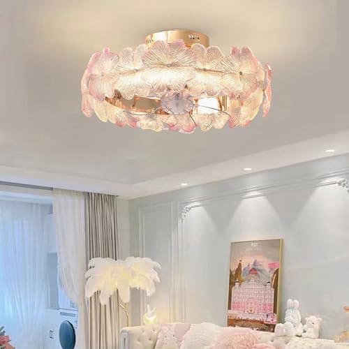 Ceiling Fan with Light Remote - Reversible Dimmable LED Pink Crystal Flower Fan for Girls Bedroom, Living Room, Nursery - 360° Rotating Kid-Friendly Design