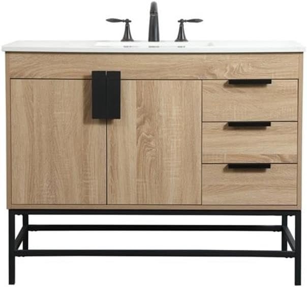 Pemberly Row 42' Aluminum MDF Bathroom Vanity, Mango Wood Finish, Ivory White Quartz Countertop, Porcelain Sink with Overflow, Soft Closing Hinges, 3 Drawers, Modern Style for Bathroom Storage