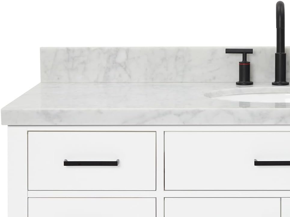 ARIEL Hepburn 54-inch Bathroom Vanity with Sink,Solid Wood, 1.5-inch Italian Carrara Marble Countertop & Backsplash, Single Oval Porcelain Sink, 2 Soft Closing Doors, 9 Dovetail Drawers, White